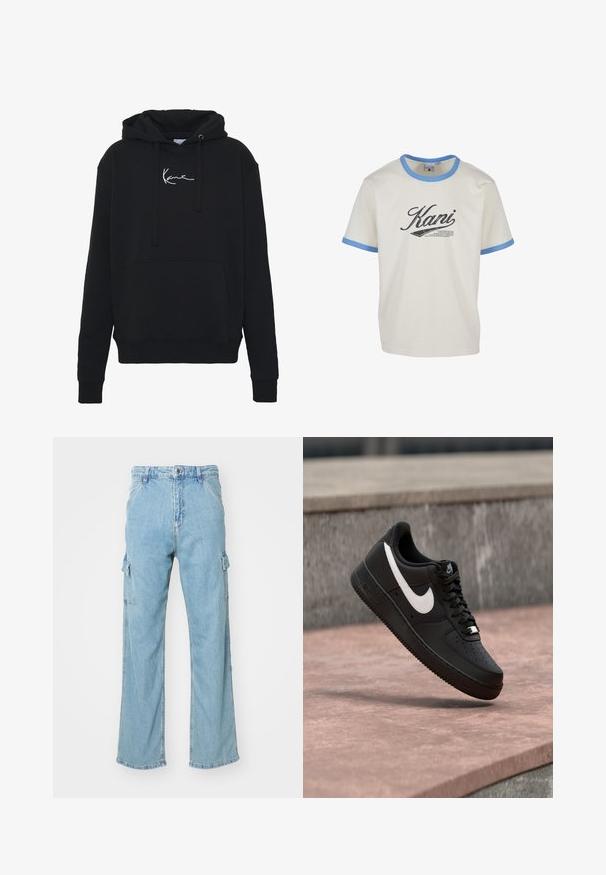Zwarte hoodie van zachte stof, met een voorzak, koorden en witte logo borduring op de borst. Klassieke pasvorm en geribde manchetten.; Witte T-shirt met korte mouwen, lichtblauwe kraag en mouwboorden, met grote zwarte "Kani" tekst en kleinere bedrukte tekst aan de voorkant.; Lichtblauwe denim cargo broek met wijdlopende pijpen, voorzien van twee zijcargozakken en een klassieke knoopsluiting. Geweven stof met vervaagde afwerking.; Zwarte Nike Air Force 1 sneaker met wit swoosh-logo zwevend boven een stenen oppervlak en een grijze, getextureerde muur op de achtergrond.
