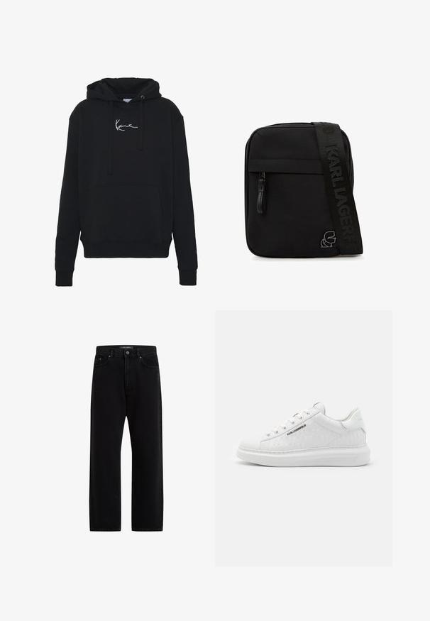 Zwarte hoodie van zachte stof, met een voorzak, koorden en witte logo borduring op de borst. Klassieke pasvorm en geribde manchetten.; Zwarte denim broek met een losse pasvorm, voorzien van een standaard vijf-pocket ontwerp, een knoopsluiting en subtiele merkborduring.; Witte sneaker van glad leer met een reliëfpatroon. Heeft een ronde neus, vetersluiting aan de voorkant, en een textuurzool. Zilveren logo detail aan de zijkant.; Zwarte crossbody tas met voorvak met rits, dikke band met 'KARL LAGERFELD' reliëf en metalen logo detail in de onderste hoek.