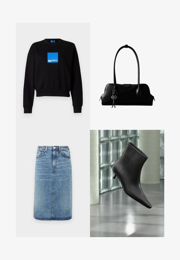 Schwarzer Sweatshirt mit einem kurvenförmigen Design, das ein blauen Quadratlappenlogo enthält, auf dem "KARL LAGERFELD JEANS" steht. Hergestellt aus einer weichen Baumwollmischung.; Jeansrock in Hellblau. Mit geradem Schnitt, fünf Taschen und einem Knopfverschluss mit Gürtelschlaufen. Mit Distressed-Textur-Details.; Schwarzer Leder-Knöchelstiefel mit spitzer Spitze und kleinem Absatz vor einer Wand aus Glasbausteinen und einem polierten Boden.; Schwarze Lederhandtasche von Calvin Klein mit langen Henkeln, einem vorderen Logo-Tag und einem silbernen geometrischen Anhänger, der an einem Henkel hängt.