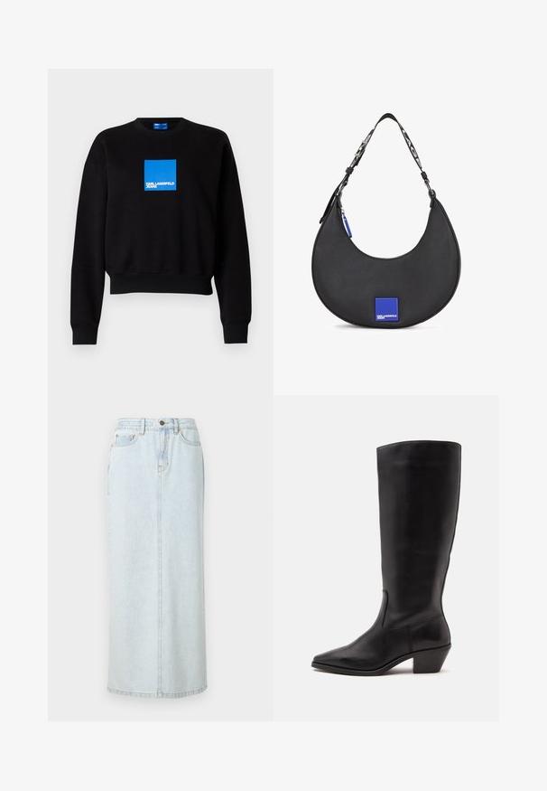 Mustat collegepaidat, joissa on lyhennetty malli ja sininen neliölogo, jossa lukee "KARL LAGERFELD JEANS." Valmistettu pehmeästä puuvillasekoitteesta.; Vaaleansininen farkku-maksihame, jossa on suora muotoilu, edessä nappikiinnitys ja näkyvät rimpsut. Sisältää kaksi etutaskua.; Musta keskisääreen ulottuva nahkasaapas, jossa on terävä kärkiosa ja matala vino korko yksinkertaisella vaalealla taustalla.; Musta nahkainen olkalaukku kaarevalla siluetilla, jossa on sininen neliön muotoinen logo ja kontrastivärinen hihna, jossa on teksti.