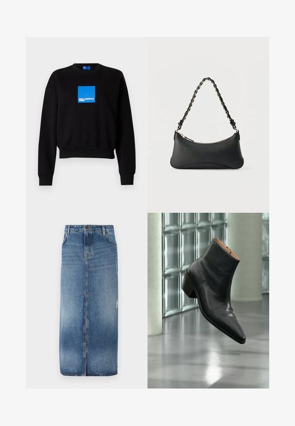 Čierna mikina s kratším strihom, s modrým štvorcovým logom, ktoré obsahuje text "KARL LAGERFELD JEANS." Vyrobená z mäkkej zmesi bavlny.; Džínsová midi sukňa s prechodom z jasne modrej do tmavomodrej, predným zapínaním a jemnými zničenými detailmi pri leme. Neopracovaný okraj na spodnej strane.; Čierna kožená členková obuv s ostrou špičkou a blokovým podpätkom vznášajúca sa nad odrazovou sivou podlahou pri stene zo sklenených blokov.; Čierna kožená kabelka na rameno s oblým obdĺžnikovým tvarom, zlatým reťazcom vpleteným do čierneho pleteného remienka a horným zipsovým zapínaním.