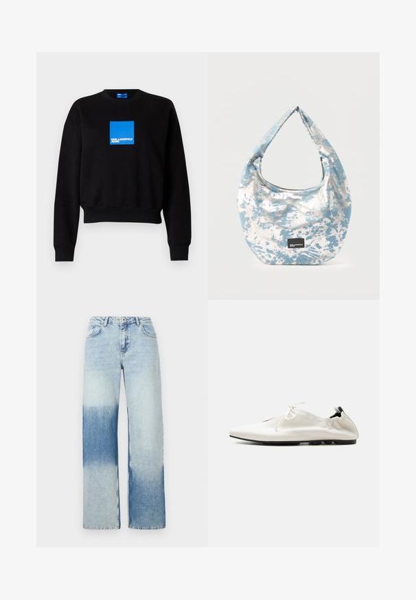 Must mustra, millel on lühendatud disain, sinise ruudukujulise logoga, kus on kirjas "KARL LAGERFELD JEANS". Valmistatud pehmest puuvillasegusest materjalist.; Heledad sinine teksade disain, millel on lai jalg, millel on värvide gradient heledast tumedani siniseks, viis_taskut ja nupuga kinniti.; Valge minimalistlik nahast libisev jalanõu sissepandava kontsaga, paela kinnitusega ja õhukese musta tallaga ühevärvilisel taustal.; Sinine ja valge lipsuvärviga kangast õlakott kõverda kujuga ja musta Karl Lagerfeld Jeans logo plaastriga ees.