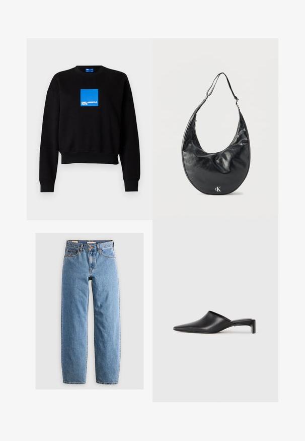 Must mustra, millel on lühendatud disain, sinise ruudukujulise logoga, kus on kirjas "KARL LAGERFELD JEANS". Valmistatud pehmest puuvillasegusest materjalist.; Heledad sinise denimi teksased, sirge lõikega, viie taskuga, lukuga ja õrnalt pleekinud tekstuuriga. Klassikaline stiil, minimaalsete detailidega.; Must mustang musta, millel on terav nina, avatud tagaosa ja madal blokeeritud konts. Sile tekstuur minimalistlikus disainis, ilma nähtavate kaunistusteta.; Mustast nahast poolkuu-kujuline õlakott reguleeritava rihma ja esiküljel oleva hõbedase "cK" logoga, valgel taustal.
