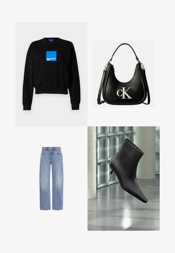 Schwarzer Sweatshirt mit einem kurvenförmigen Design, das ein blauen Quadratlappenlogo enthält, auf dem "KARL LAGERFELD JEANS" steht. Hergestellt aus einer weichen Baumwollmischung.; Hellblaue Jeans mit geradem Bein, Fronttaschen, Gürtelschlaufen und einem Knopf- sowie Reißverschluss.; Schwarzer Leder-Knöchelstiefel mit spitzer Spitze und kleinem Absatz vor einer Wand aus Glasbausteinen und einem polierten Boden.; Schwarze Lederhandtasche mit silbernem "cK" Logo vorne, mit kurzem Griff und längerem verstellbarem Schulterriemen.