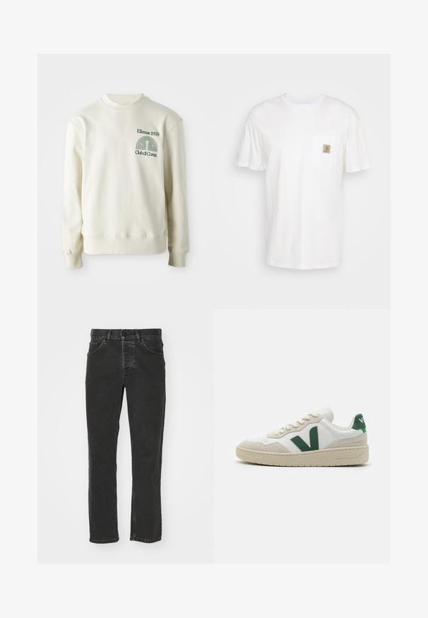 Cremfarbener Pullover mit geripptem Kragen und Bündchen; verfügt über ein grünes gesticktes Logo "Ellesse 1959" mit Designelementen auf der Brust.; Weißes Baumwoll-T-Shirt mit kurzen Ärmeln, einer Brusttasche und einem kleinen quadratischen Logopatch in Orange und Weiß auf der Tasche.; Schwarze Jeans aus Denim mit geradem Bein, klassischem Fünf-Taschen-Design, Knopfverschluss und verblasster Optik. Angenehme Textur, keine sichtbaren Muster.; Weißer Sneaker mit grünen Wildlederakzenten, flachen Schnürsenkeln, strukturiertem Zehenbereich und beigefarbenem Gummisohle. Auffälliges "V"-Logo an der Seite.