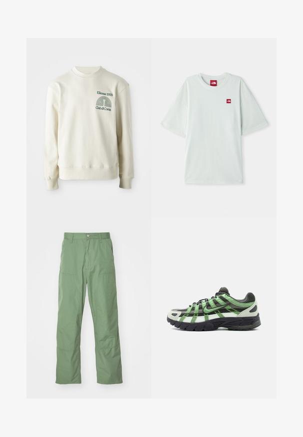 Cremefarvet sweatshirt med ribbet krave og manchetter; har en grøn broderet logo "Ellesse 1959" med designelementer på brystet.; Lysegrøn kortærmet t-shirt lavet af blød bomuld, med et lille rødt logo på venstre brystområde. Løs pasform og rund halsudskæring.; Lysgrønne, afslappede bukser med en glat tekstur, der har sidelommer og synlige syninger. Hel længde med et lige ben-design.; Sort-hvid løbesko med grønne detaljer, mesh-overdel og tyk sort sål set fra siden på hvid baggrund.