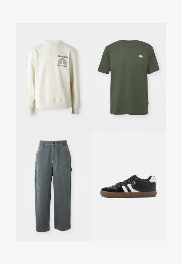 Crème-kleurige sweatshirt met geribbelde kraag en manchetten; voorzien van groene geborduurde logo "Ellesse 1959" met ontwerpelementen op de borst.; Olijfgroen katoenen T-shirt met een ronde hals, korte mouwen en een klein gekleurd logo op de borst. Glad textuur, casual ontwerp.; Donkergrijze rechte werkbroek met riemlussen, een voorste knoop en rits, zijzakken en een hamerlus op het rechterbeen.; Zwart-witte sneakers met een bovenwerk van suède en leer, voorzien van witte strepen, zwarte veters en een bruine rubberen zool. Gouden logo-accenten.