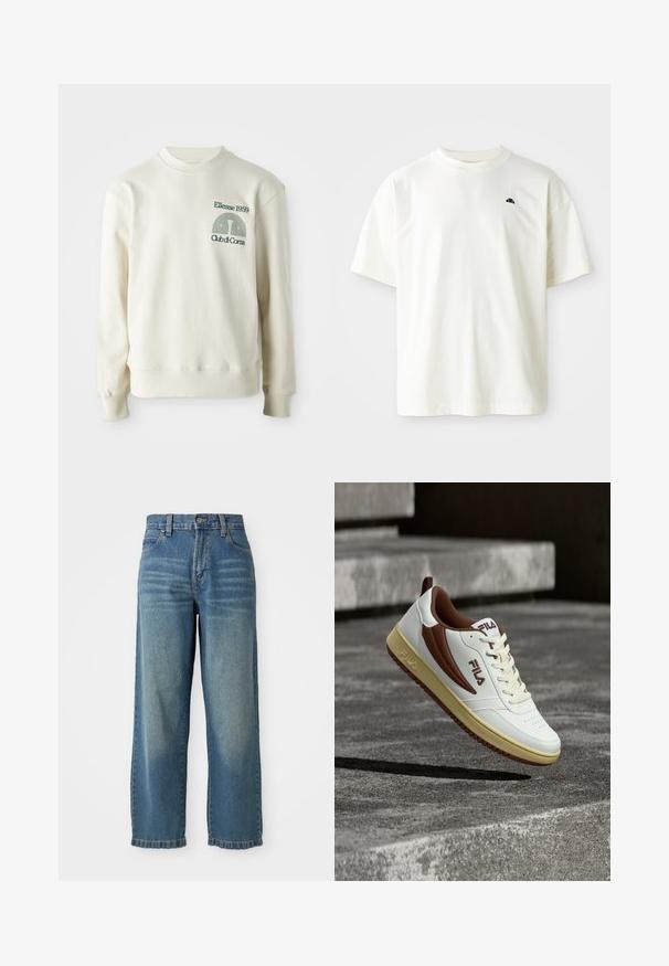 Cremefarvet sweatshirt med ribbet krave og manchetter; har en grøn broderet logo "Ellesse 1959" med designelementer på brystet.; Kortærmet T-shirt med rund hals i lys cremefarve, lavet af bomuld. Har et lille marineblå logo på venstre bryst. Glat tekstur, afslappet pasform.; Lyseblå denim bredbenede jeans med høj talje, fem lommer og en let falmet overflade. Har lynlås- og knaplukning.; Hvid og brun FILA-sneaker med cremefarvet sål i luften over grå betontrapper, der kaster skygge nedenunder.