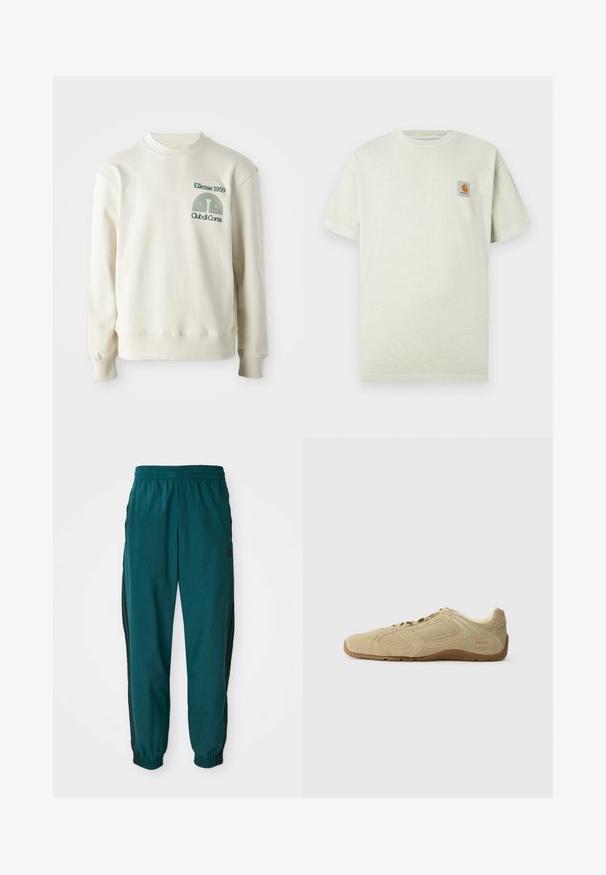 Cremfarbener Pullover mit geripptem Kragen und Bündchen; verfügt über ein grünes gesticktes Logo "Ellesse 1959" mit Designelementen auf der Brust.; Hellgrünes Baumwoll-T-Shirt mit kurzen Ärmeln, rundem Halsausschnitt und einem kleinen quadratischen Patch mit Logo auf der linken Brustseite. Weiche Textur.; Türkise Sporthose mit einem Kordelzugbund, elastischen Bündchen und seitlichen schwarzen Streifen. Hergestellt aus leichtem Stoff und mit einem Logo in der Nähe der Hüfte.; Beige Sportschuh mit einem strukturierten Wildleder-Obermaterial, Gummisohle und minimalistischen Designelementen. Mit elastischen Schnürsenkeln und dezenten Logo-Details.