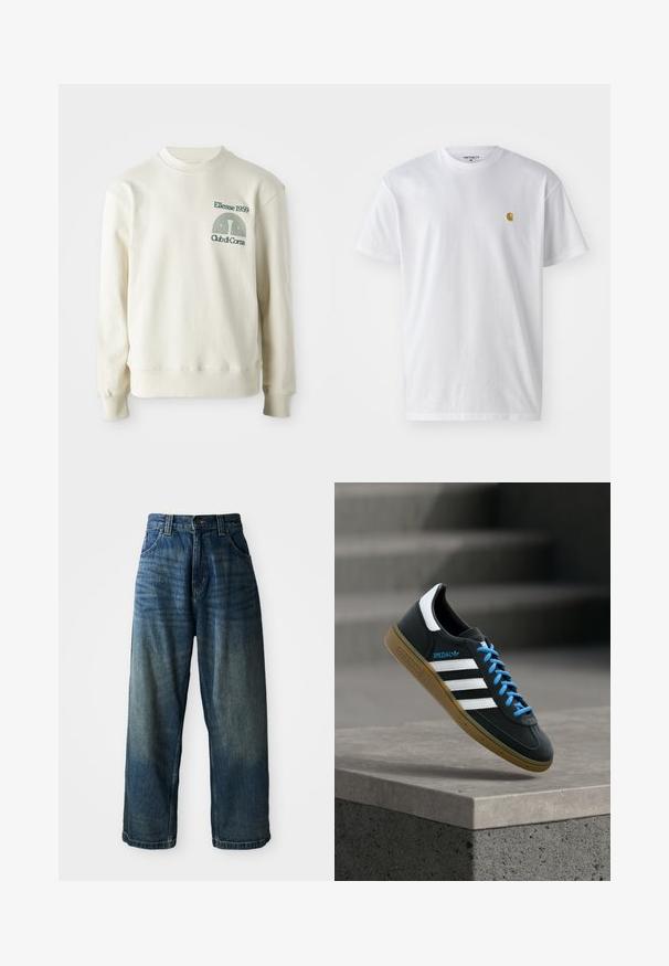 Crème-kleurige sweatshirt met geribbelde kraag en manchetten; voorzien van groene geborduurde logo "Ellesse 1959" met ontwerpelementen op de borst.; Witte katoenen t-shirt met korte mouwen en ronde hals, voorzien van een klein gouden logo op de linkerkant van de borst. Zachte textuur en een normale pasvorm.; Wijdvallende blauwe denim jeans met een vervaagde afwerking. Bevat vijf zakken, een knoopsluiting en contrasterende stiksels. Zwaar gewicht stof.; Zwarte Adidas-sneaker met witte strepen, blauwe veters en een gumzool die boven een grijze betonnen trede zweeft in zacht licht.