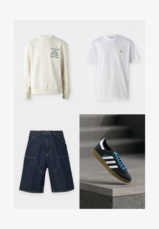 Crème-kleurige sweatshirt met geribbelde kraag en manchetten; voorzien van groene geborduurde logo "Ellesse 1959" met ontwerpelementen op de borst.; Witte katoenen t-shirt met korte mouwen en ronde hals, voorzien van een klein gouden logo op de linkerkant van de borst. Zachte textuur en een normale pasvorm.; Donkerblauwe denimshorts met voor- en zijzakken, riemlussen en een knoopsluiting in de taille.; Zwarte Adidas-sneaker met witte strepen, blauwe veters en een gumzool die boven een grijze betonnen trede zweeft in zacht licht.