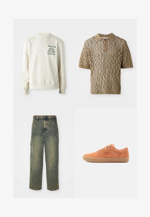 Cremefarvet sweatshirt med ribbet krave og manchetter; har en grøn broderet logo "Ellesse 1959" med designelementer på brystet.; Kortærmet polo t-shirt i en tan, tekstureret strik med bølgende mønstre. Har en krave og en brun knap ved halsen.; Slidse denim jeans i en falmet blå og grøn vask. Har en knaplukning, bælteløkker og sidelommer. Flad front og lige ben-design.; Tan ruskinds sneakers med en tekstureret overflade, rund tå og gummisål. Har snørebåndsdesign og syede detaljer på siderne.