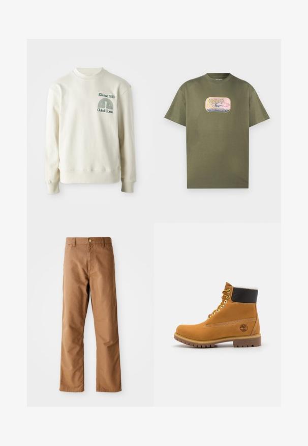 Crème-kleurige sweatshirt met geribbelde kraag en manchetten; voorzien van groene geborduurde logo "Ellesse 1959" met ontwerpelementen op de borst.; Olijfgroene katoenen T-shirt met een ronde hals, voorzien van een kleurrijke grafische print van een kano en golven aan de voorkant. Korte mouwen, losse pasvorm.; Bruine rechte broek met riemlussen, voorkant zakken, knoopsluiting en rits op een witte achtergrond.; Bruine leren enkellaars met metalen oogjes, witte faux bont voering, zwarte gewatteerde kraag, robuuste zool en een reliëflogo aan de zijkant.