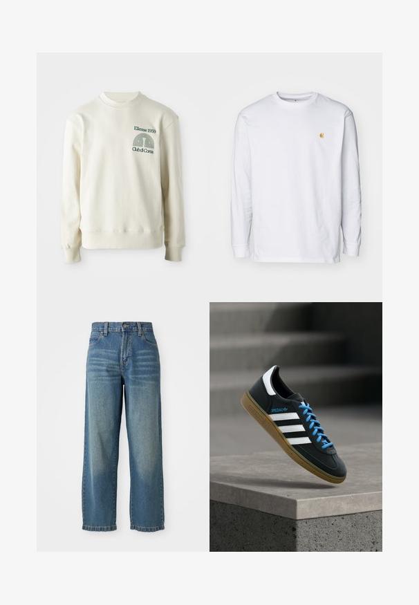 Cremefarvet sweatshirt med ribbet krave og manchetter; har en grøn broderet logo "Ellesse 1959" med designelementer på brystet.; Hvid langærmet t-shirt lavet af bomuld. Har et lille gyldent logo på brystet og en rund halsudskæring. Enkel design og standard pasform.; Lyseblå denim bredbenede jeans med høj talje, fem lommer og en let falmet overflade. Har lynlås- og knaplukning.; Sort Adidas sneaker med hvide striber, blå snørebånd og gummisål, der svæver over gråt betontrin i blødt lys.