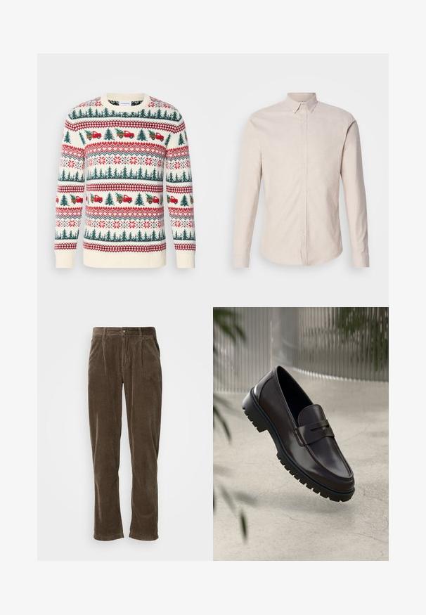 Suéter de punto con base en crema, patrones rojos y verdes de árboles, camiones y copos de nieve, con puños y dobladillo acanalados.; Camisa larga de manga larga color beige claro con cuello abotonado, fabricada en un tejido texturizado, que presenta un cierre frontal con botones y sin patrones visibles.; Pantalones de pana marrones con pierna recta, que presentan acanalado vertical, un cierre de botón y dos pliegues frontales para un detalle añadido.; Mocasines de cuero marrón con una suela de goma texturizada y estriada. Presentan un diseño elegante y una correa decorativa sobre el empeine.