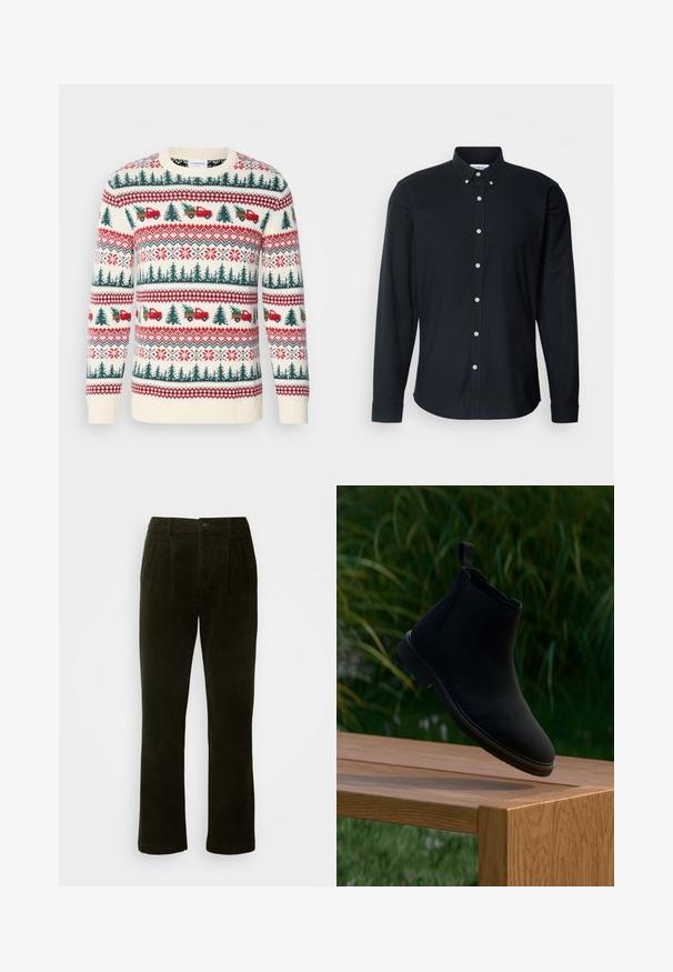 Suéter de punto con base en crema, patrones rojos y verdes de árboles, camiones y copos de nieve, con puños y dobladillo acanalados.; Camisa de botón de manga larga negra de algodón, con cuello puntiagudo, botones blancos y un dobladillo recto con puños abotonados.; Pantalones de pana verde oscura con pierna recta, que presentan pliegues frontales, un cierre de botón y un acabado de textura suave.; Bota Chelsea negra de cuero liso, con lengüeta para tirar, punta redonda, paneles laterales elásticos y tacón bajo. Exhibida sobre una superficie de madera.