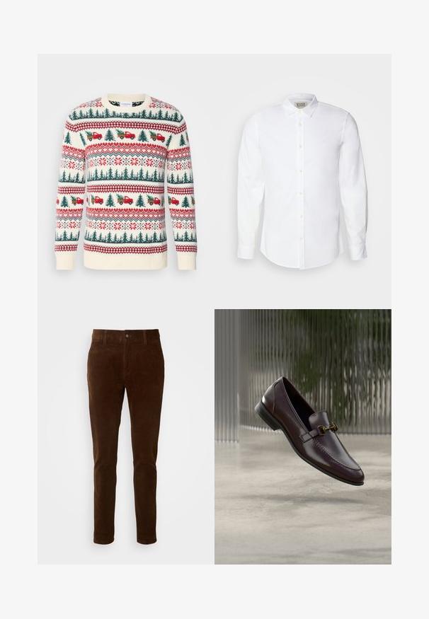 Suéter de punto con base en crema, patrones rojos y verdes de árboles, camiones y copos de nieve, con puños y dobladillo acanalados.; Camisa blanca de botón hecha de algodón con cuello clásico, mangas largas y bordado sutil en el lado izquierdo del pecho. Presenta botones beige.; Pantalones de pana marrones con un diseño de pierna recta, que cuentan con un cierre de botón y una sutil textura de costillas verticales.; Mocasín de cuero marrón con acabado liso, punta cuadrada y detalle de herrajes en tono dorado. Cuenta con un tacón bajo y detalles de costuras sutiles.