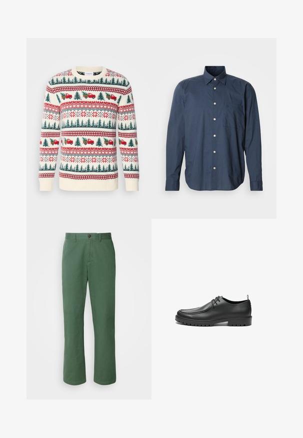 Suéter de punto con base en crema, patrones rojos y verdes de árboles, camiones y copos de nieve, con puños y dobladillo acanalados.; Camisa abotonada azul marino con mangas largas, pequeño patrón de cuadros, un bolsillo en el pecho y botones blancos sobre un fondo liso.; Pantalones de algodón verdes con un diseño de pierna recta, que cuentan con un cierre de botón en la parte delantera y una textura sutil. Sin patrones ni acentos visibles.; Zapatos de cuero negro con un acabado suave, punta redondeada y costuras decorativas. Cuenta con una suela de goma con surcos para tracción y un diseño de cordones.