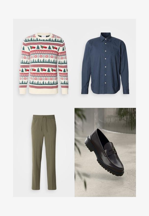 Strikket sweater med en cremet base, røde og grønne mønstre af træer, lastbiler og snefnug, med ribkanter ved ærmerne og kanten.; Mørkeblå skjorte med lange ærmer, lille ternet mønster, enkelt brystlomme og hvide knapper på en ensfarvet baggrund.; Olivengrønne, letvægtsbukser med elastisk talje og justerbar snor; lige ben design og glat tekstur.; Brune læder loafers med en tekstureret, rippet gummisål. Har et slankt design og et dekorativt bånd over vristen.