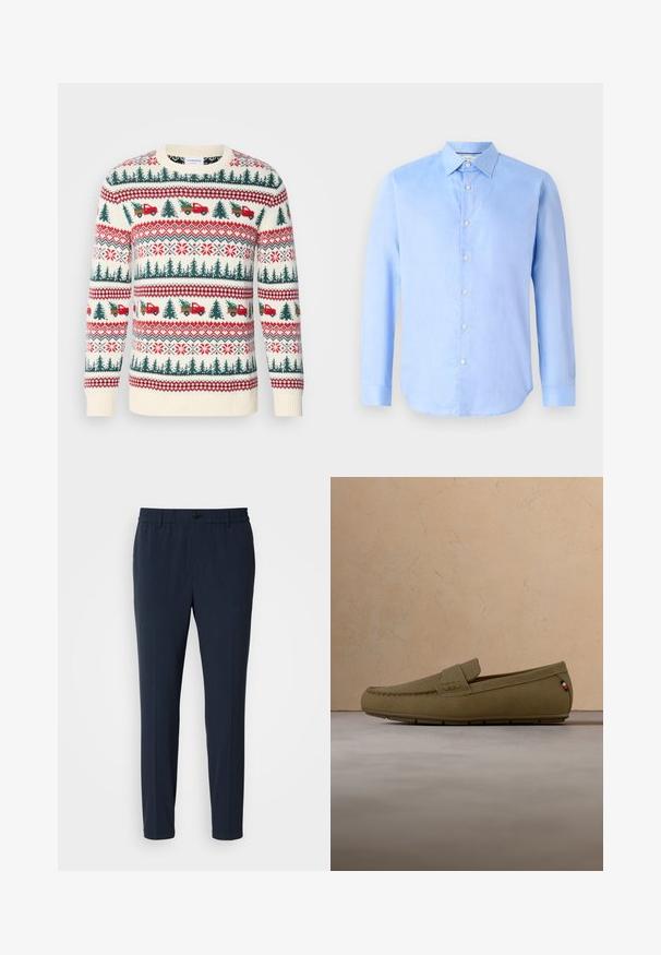 Strikket sweater med en cremet base, røde og grønne mønstre af træer, lastbiler og snefnug, med ribkanter ved ærmerne og kanten.; Lyseblå langærmet skjorte med knaplukning lavet af vævet stof. Har en klassisk krave og seks knapper foran. Glat tekstur og tætsiddende design.; Mørkeblå, lige ben bukser med elastisk talje, der har en frontknaplukning og en glat stofstruktur.; Tanfarvede ruskinds loafers med syningsdetaljer og et lille stofflag tæt ved hælen, vist svævende over et beige tæppebelagt gulv.