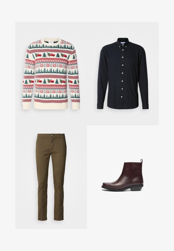 Gehaakte trui met een crèmekleurige basis, rode en groene patronen van bomen, vrachtwagens en sneeuwvlokken, met ribgebreide manchetten en zoom.; Donkerblauwe langarmshirt met een button-down kraag, een knoopsluiting aan de voorkant en lichtgekleurde knopen. Glad materiaal met een moderne pasvorm.; Bruine katoenen broek met een smalle pasvorm, voorzien van een knoopsluiting, zijzakken en strakke lijnen. Soepele textuur met minimale stikdetails.; Bordeaux leren enkelboots met een ronde neus, minimalistisch ontwerp, een lage blokhak en een trekhaak aan de achterkant. Gladde textuur en afwerking.