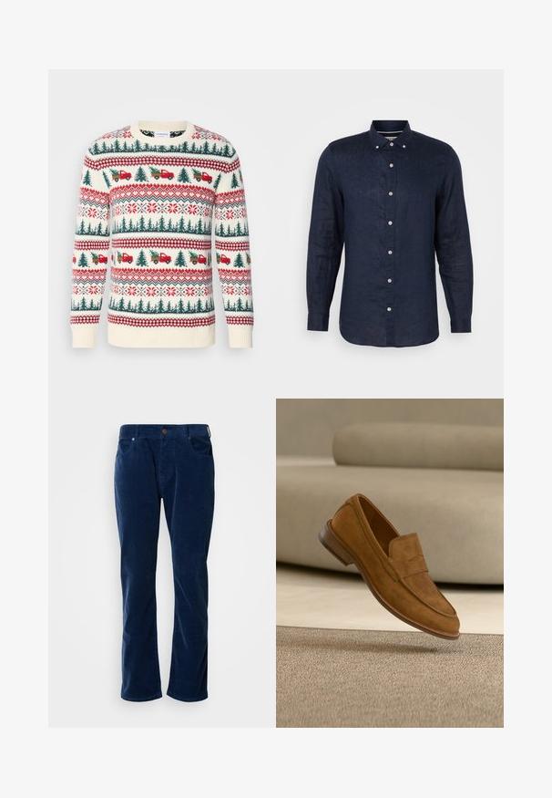 Suéter de punto con base en crema, patrones rojos y verdes de árboles, camiones y copos de nieve, con puños y dobladillo acanalados.; Camisa de manga larga azul marino hecha de lino, con un collar tipo botón, seis botones en la parte delantera y un dobladillo ligeramente curvado.; Scotch & Soda THE ZEE STRAIGHT - Pantalones - insignia blue; Zapato mocasín de ante marrón para hombre flotando sobre una alfombra beige con un sofá beige a juego en el fondo.