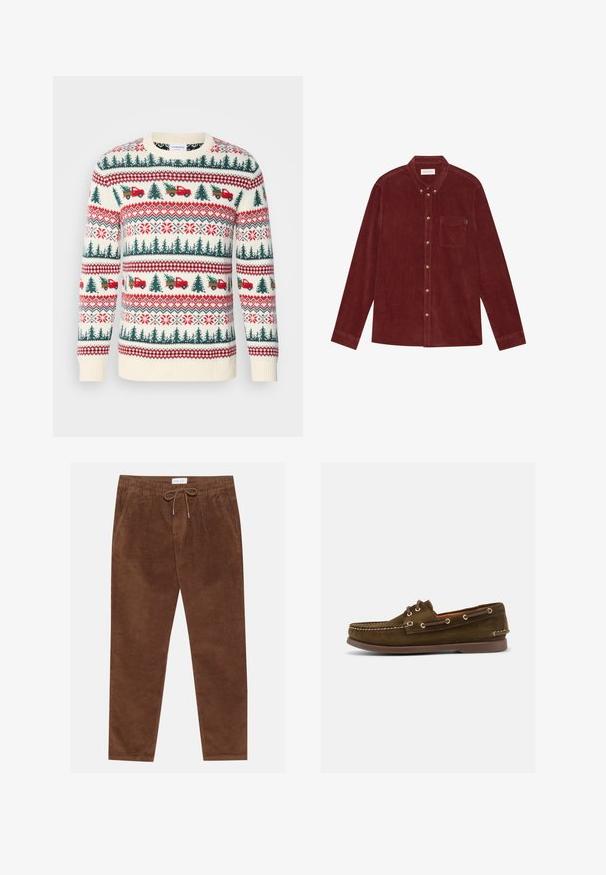 Strikket sweater med en cremet base, røde og grønne mønstre af træer, lastbiler og snefnug, med ribkanter ved ærmerne og kanten.; Rød fløjlsskjorte med button-down krave, lange ærmer, frontlomme og guldtonede knapper. Tekstureret stof.; Pier One Bukser - brown; Brun sejlersko i ruskind med mokkasintå, snørebånd foran, metaløjer og brun gummisål, vist i sideprofil.