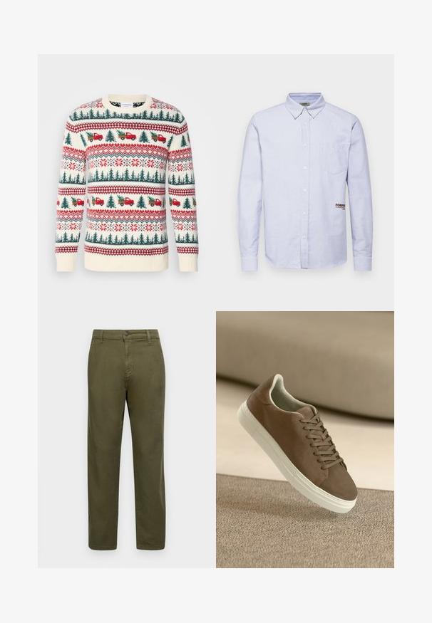 Gehaakte trui met een crèmekleurige basis, rode en groene patronen van bomen, vrachtwagens en sneeuwvlokken, met ribgebreide manchetten en zoom.; Pompeii STRIPE SKY OXFORD SHORT - Overhemd - sky; Olijfgroene katoenen broeken met een recht model, knoopsluiting en minimale stikseldetails. Gladde textuur en geen uitgesproken patronen.; Bruine suède sneaker met een gladde textuur, vetersluiting en een witte rubberen zool. Heeft een ronde neus en een gestroomlijnde vorm.