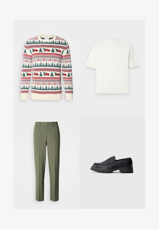 Pull en tricot avec une base crème, motifs rouges et verts d'arbres, de camions et de flocons de neige, avec des poignets et un ourlet côtelés.; T-shirt blanc uni à manches courtes et col rond avec une coupe décontractée, présenté sur un fond gris clair.; Pantalon vert olive à coupe droite, avec une texture lisse, des plis simples, sans éléments métalliques ou accents visibles.; Mocassins en cuir noir avec un bout arrondi, présentant une sangle décorative et une semelle en caoutchouc épaisse avec de profonds crampons pour une meilleure adhérence.