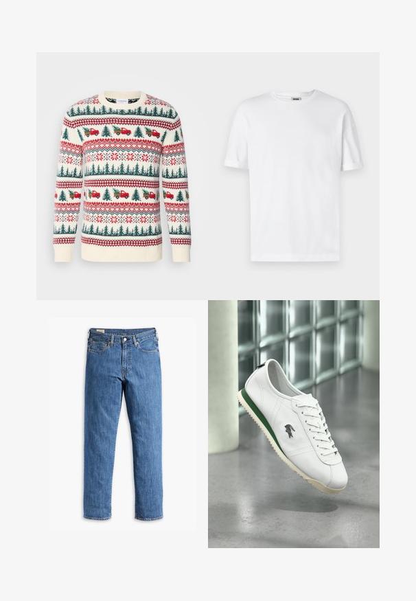 Strikket sweater med en cremet base, røde og grønne mønstre af træer, lastbiler og snefnug, med ribkanter ved ærmerne og kanten.; Hvid bomulds T-shirt med rund hals, korte ærmer og oprevet manchetter; enkel design, blød tekstur og lige snit.; Blå denimjeans med lige ben, kobbernitter og fem-lomme design. Har en syet kant og et klassisk taljebånd med bæltestropper.; Hvid læder-sneakers med grøn stribe på sålen, snørebånd bundet, svævende over en poleret beton gulv ved glasblokke.