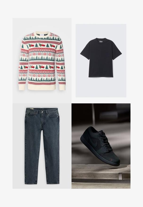 Strikket sweater med en cremet base, røde og grønne mønstre af træer, lastbiler og snefnug, med ribkanter ved ærmerne og kanten.; Sort bomulds T-shirt med klassisk rund hals, korte ærmer og en afslappet pasform. Glat tekstur med minimal syning.; Mørkeblå denimjeans med lige ben, fem lommer og knaplukning. Subtil blegetekst giver stoffet struktur.; Sorte Nike sneakers med en glat overdel i læder og ruskind, mørke snørebånd, perforeret tåboks og røde syninger. Flad således design.