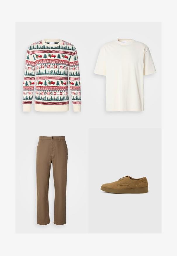 Strickpullover mit einer cremefarbenen Basis, roten und grünen Mustern von Bäumen, Lastwagen und Schneeflocken, mit gerippten Bündchen und Saum.; Ein einfarbiges, off-white T-Shirt mit kurzen Ärmeln und Rundhalsausschnitt, unisex Design, auf einem neutralen grauen Hintergrund präsentiert.; Braune Baumwollhosen mit geradem Schnitt, Knopfverschluss und Seiten Taschen. Sie verfügen über eine glatte Textur und ein schlichtes, unverziertes Design.; Brauner Wildleder-Schnürschuh für den Alltag mit flacher Gummisohle, von der Seite auf hellem, einfachem Hintergrund gesehen.