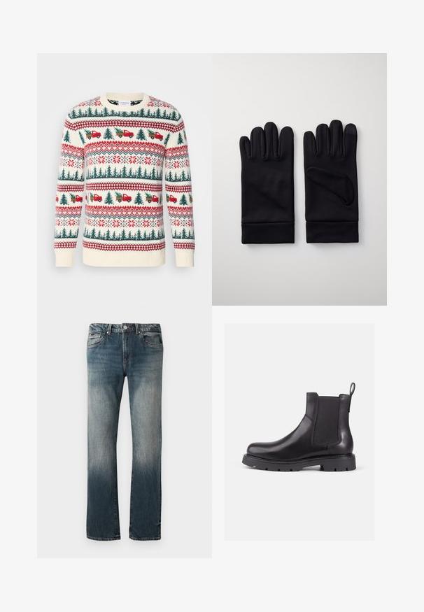 Gehaakte trui met een crèmekleurige basis, rode en groene patronen van bomen, vrachtwagens en sneeuwvlokken, met ribgebreide manchetten en zoom.; Rechstreeks gesneden blauwe denim jeans voor heren met een vervaagde was en vijf zakken, tegen een witte achtergrond.; Zwarte leren Chelsea-boots met elastische zijpanelen, ronde neus en gestructureerde rubberen zool. Voorzien van een achterste trekflap voor gemakkelijk aan- en uittrekken.; Zwarte polyesteren handschoenen met een gladde textuur, aansluitende vingers en een omgeslagen manchet voor een veilige pasvorm. Touchscreen-compatibele vingertop.