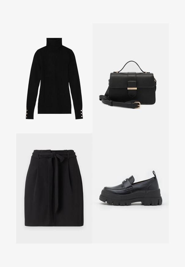 Sort turtleneck sweater med ribbet tekstur. Har tætsiddende lange ærmer med tre sølvknapper ved hver manchet.; Sort nederdel med en bundet talje-detail, der har en skræddersyet silhuet og plissee. Lavet af glat stof med en ren kantfinish.; Sort læderloafer med tyk rillede sål, mok tå syning, remdetalje over toppen og trækstrop på hælen, vist i sideprofil.; Sort læderhåndtaske med gyldne metalaccenter, rektangulær form, flaplukning, justerbar skulderrem, glat tekstur, minimalistisk design.