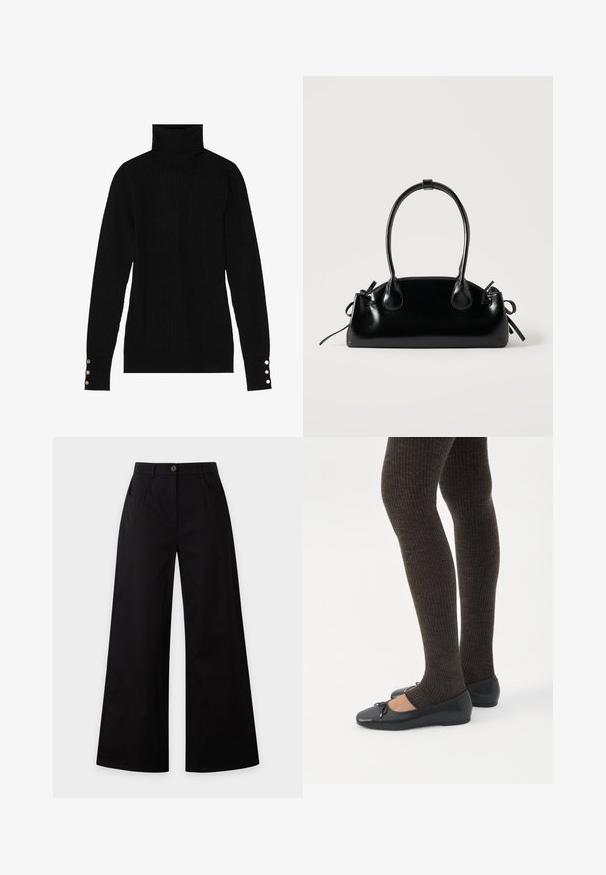 Sort turtleneck sweater med ribbet tekstur. Har tætsiddende lange ærmer med tre sølvknapper ved hver manchet.; Sorte bukser med vide ben, frontknapper, lynlåslukning og sidelommer på en ensfarvet lys baggrund.; Ben iført mørke ribbede leggings kombineret med sorte balletsko med små sløjfedetaljer på hvid baggrund.; Lille sort blank håndtaske med to lange håndtag og snøre-detaljer i siden på en ensfarvet lys baggrund.