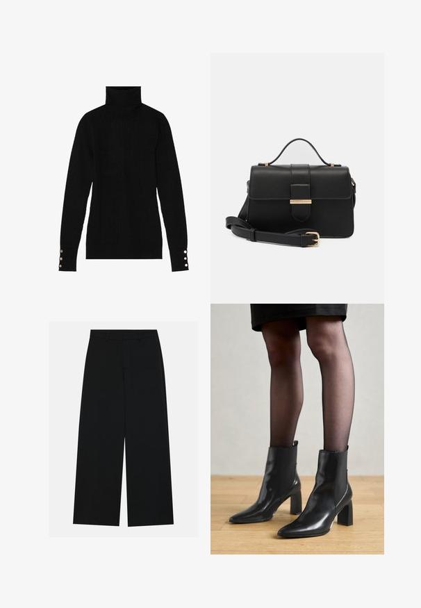 Pull en col roulé noir avec une texture côtelée. Présente des manches longues ajustées avec trois boutons en argent à chaque poignet.; Pantalons noirs à jambe large en tissu lisse. Dotés d'une taille plate avec passants de ceinture et sans poches visibles. Design simple.; Bottines en cuir noir avec un bout pointu, un talon carré épais et un design élégant. Présente des panneaux latéraux élastiques pour un enfilage facile.; Sac à main en cuir noir avec des accents métalliques dorés, forme rectangulaire, fermeture à rabat, bandoulière réglable, texture lisse, design minimaliste.