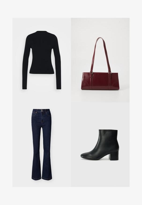 Haut noir à manches longues côtelé avec une silhouette ajustée, un col montant et une texture lisse, présentant des manches étroites et sans matériel visible.; Jean en denim bleu foncé taille haute avec jambes évasées, poches avant et fermeture à double bouton à la taille.; Bottines en cuir noir avec un bout pointu et un talon épais. Texture lisse avec des accents minimalistes et un design élégant et ajusté.; Sac à main bordeaux en matériau brillant, de forme rectangulaire, avec deux anses et des accents légèrement courbés à l'avant.