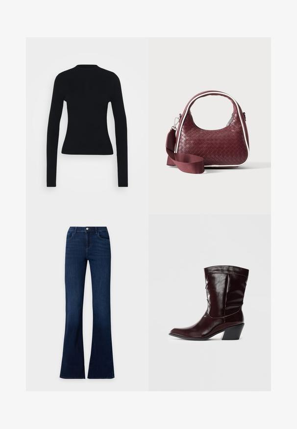 Sort ribbet langærmet top med en tætsiddende silhuet, høj halsudskæring og glat tekstur, med smalle ærmer og ingen synlig hardware.; Mørkeblå denimjeans med flared ben, forlommer og knaplukning ved taljen.; Bordeaux læder ankelstøvler med spids tå, tekstureret overflade og en lav, taperet hæl. Har diskrete søm og en tætsiddende pasform.; Mørkerød vævet lædertaske med buet hank, hvid kant, sølv lynlås og aftagelig bred stofskulderrem mod en ensfarvet baggrund.