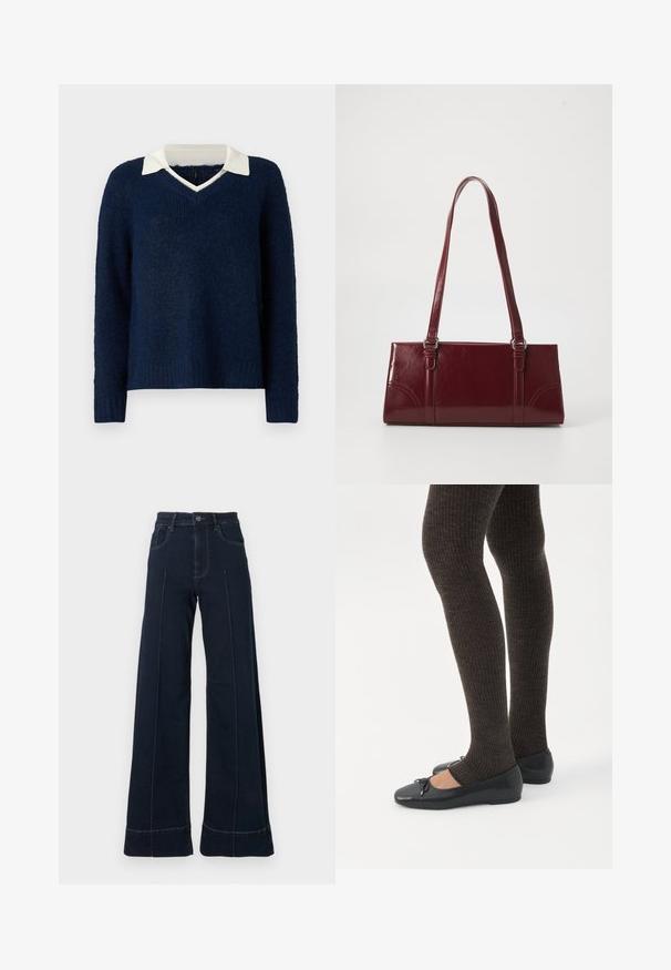 Pull bleu marine avec une finition texturée, col en V et un col blanc contrastant. Il possède des manches longues et une coupe décontractée.; Jean large bleu foncé à taille haute, avec des poches avant et des coutures visibles. Fabriqué en denim avec une texture lisse.; Jambes portant des leggings côtelés foncés associés à des ballerines noires avec de petits détails en nœud sur fond blanc.; Sac à main bordeaux en matériau brillant, de forme rectangulaire, avec deux anses et des accents légèrement courbés à l'avant.