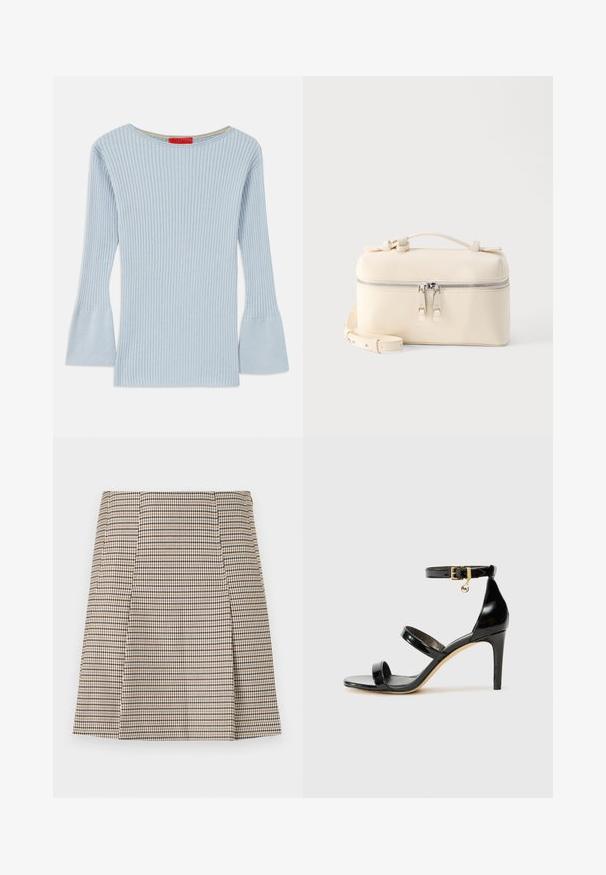 Top de punto acanalado azul claro con escote barco y mangas acampanadas. Presenta una textura sutil y un acento amarillo en el interior del cuello.; Falda hasta la rodilla con patrón de cuadros grandes en marrón y negro, con forma ligeramente acampanada y detalle de botones en el lateral.; Sandalia de charol negro con tres correas, hebilla en el tobillo y tacón de aguja de 10 cm. Presenta detalles de hardware en oro y un charm con el logo.; Bolso rectangular de cuero color crema con doble cremallera plateada, asa superior y correa de hombro ajustable sobre fondo blanco liso.