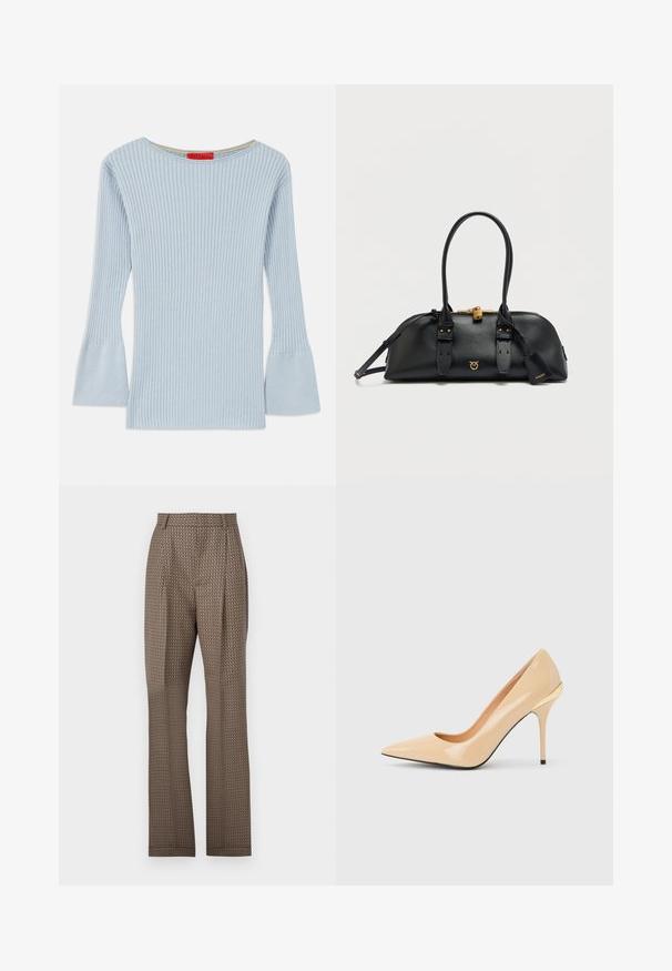 Top en tricot côtelé bleu clair avec un décolleté bateau et des manches évasées. Présente une texture subtile et un accent intérieur jaune au niveau du col.; Pantalons bruns à motif avec une finition texturée, présentant une coupe ajustée, des plis et des jambes droites. Le design comprend un motif géométrique.; Escarpin à talon haut en cuir verni beige avec bout pointu et talon aiguille fin, orné d'un petit accent doré à l'arrière.; Sac à main en cuir noir de forme arrondie, avec ferrures dorées, double poignée et bandoulière amovible. Dispose d'un logo et d'une fermeture éclair.