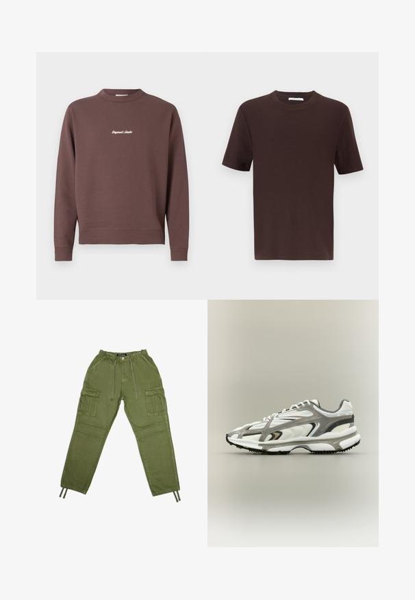Brun sweatshirt med rund hals, ribbet kant og manchetter. Har hvid broderet tekst "Original Studio" på brystet. Blød blanding af bomuld.; En ensfarvet mørkebrun t-shirt med korte ærmer og rund hals, præsenteret på en hvid baggrund.; Olivengrønne cargo-bukser lavet af letvægtsstof, med elastisk talje, snøre og flere sidelommer.; Sportssko med en hvid mesh-overdel, grå accenter, sort gummisål og et strømlinet design. Har snørebånd og strukturerede detaljer.