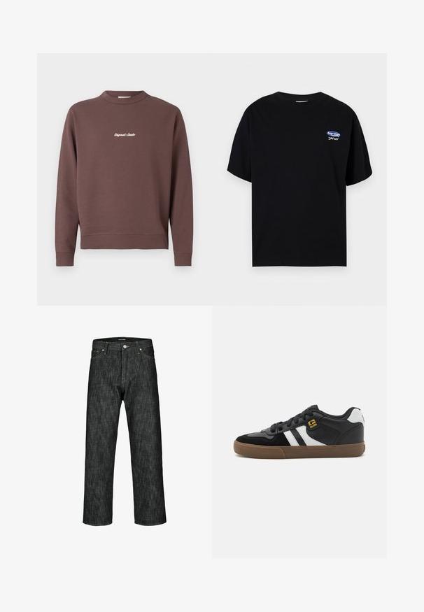 Brun sweatshirt med rund hals, ribbet kant og manchetter. Har hvid broderet tekst "Original Studio" på brystet. Blød blanding af bomuld.; Sort T-shirt med korte ærmer og lille blå og hvid "barcen MMXVI" logo på øverste venstre bryst.; Mørk denimjeans med lige ben, der har kontrasterende syninger, en forlommer og en knaplukning i taljen.; Sorte og hvide sneakers med overdel i ruskind og læder, der har hvide striber, sorte snørebånd og en brun gummisål. Guld logo detaljer.