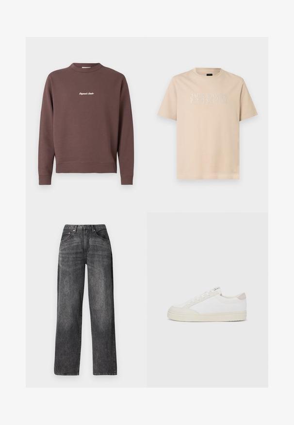 Brun sweatshirt med rund hals, ribbet kant og manchetter. Har hvid broderet tekst "Original Studio" på brystet. Blød blanding af bomuld.; Beige T-shirt med korte ærmer og rund hals med teksten "JACK & JONES PREMIUM EST. 1990" i hvidt, centreret på brystet.; Sorte jeans med høj talje og lige ben, for- og baglommer, bæltestropper og synlige sømdetaljer.; Hvid sneaker med øverste lag i tekstureret lærred, glatte beige detaljer ved hælen og en gummisål. Har rundet tå og snørelukning.