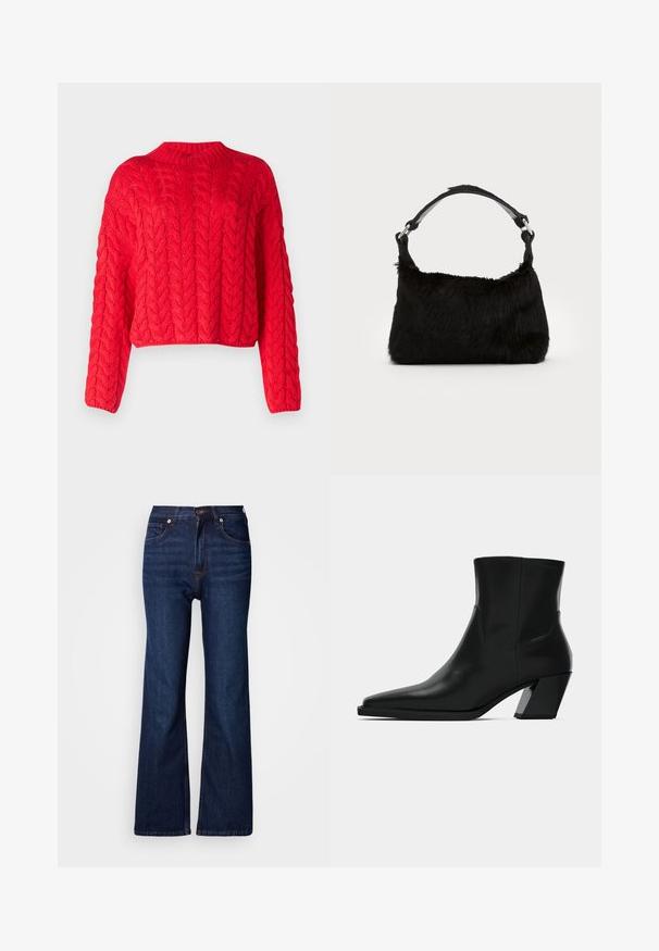 Pull rouge en tricot torsadé avec un col haut, des manches longues et un ourlet court. Texture épaisse avec des motifs en relief entrelacés partout.; Jean denim bleu foncé évasé avec cinq poches, braguette à boutons et coutures contrastantes. Texture lisse avec une apparence robuste.; Bottine en cuir noir avec un bout pointu, une silhouette élégante et un talon carré massif. Texture lisse avec des détails de couture minimalistes.; Sac à main en fausse fourrure noire avec une texture douce, une forme arrondie et une bandoulière en cuir noir robuste. Accent en métal argenté visible.