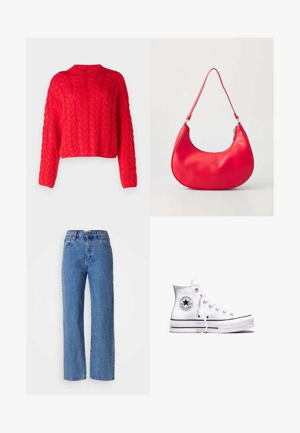 Roter Kabelstrickpullover mit hohem Kragen, langen Ärmeln und verkürztem Saum. Dicke Textur mit erhabenen, ineinandergreifenden Mustern.; Helle blaue Straight-Leg-Jeans aus Denim, mit hoher Taille, Fünf-Taschen-Design und Kontrastnähten. Sauberer Saumabschluss.; Weißer Converse Chuck Taylor All Star High-Top-Sneaker mit schwarzen Streifen und Logo-Patch an der Seite, präsentiert vor einem schlichten weißen Hintergrund.; Rote synthetische Leder-Schultertasche mit geschwungener Form, schmalem Gurt und Zipverschluss. Glatte Textur mit sichtbaren Nähtedetails.