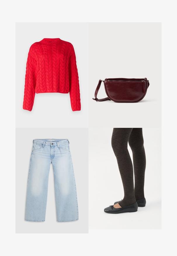 Pull rouge en tricot torsadé avec un col haut, des manches longues et un ourlet court. Texture épaisse avec des motifs en relief entrelacés partout.; Jean large bleu clair en denim. Présente une coupe droite, un design à cinq poches et une fermeture par bouton à la taille.; Jambes portant des leggings côtelés foncés associés à des ballerines noires avec de petits détails en nœud sur fond blanc.; Sac à main en cuir marron foncé avec une forme en demi-lune, une fermeture éclair et une bandoulière amovible. Texture lisse avec un léger éclat.