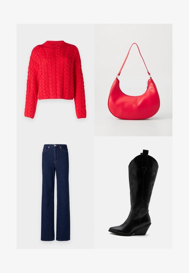 Rød kabelstrikket sweater med høj hals, lange ærmer og cropped kant. Tyk tekstur med hævede, sammenflettede mønstre overalt.; Mørkeblå denim jeans med høj talje, bred benudskæring og klassisk fem-pocket design. Afsluttet med kontrastsyning og en metalknap.; Sort læder cowboystøvle med spidst tåparti, skråt blokhælhæl, dekorative sømme og trækstropper øverst mod hvid baggrund.; Rød syntetisk læder skuldertaske med en buet form, slank rem og lynlås lukning. Glat tekstur med synlige syninger.