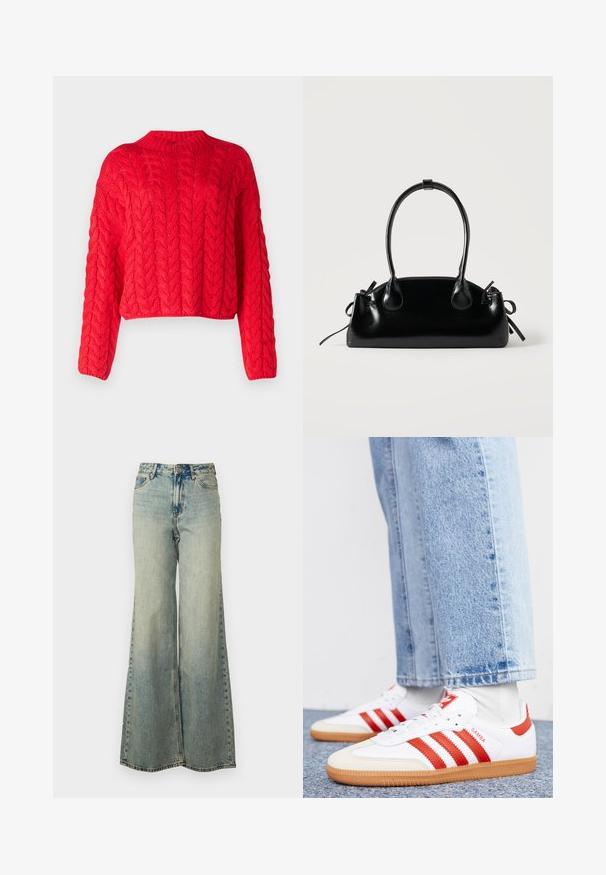 Rød kabelstrikket sweater med høj hals, lange ærmer og cropped kant. Tyk tekstur med hævede, sammenflettede mønstre overalt.; Lyseblå vide jeans lavet af denim, med høj talje, bleget vask og sidelommer med synlige stikninger.; Hvide lædersneakers med røde striber og accenter. Har en tekstureret gummisål og polstret krave. Bæres med lyseblå denim.; Lille sort blank håndtaske med to lange håndtag og snøre-detaljer i siden på en ensfarvet lys baggrund.