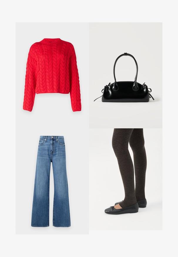Rød kabelstrikket sweater med høj hals, lange ærmer og cropped kant. Tyk tekstur med hævede, sammenflettede mønstre overalt.; Blå højtaljede vidde jeans med knap- og lynlåslukning, forlommer og diskret fading på stoffet.; Ben iført mørke ribbede leggings kombineret med sorte balletsko med små sløjfedetaljer på hvid baggrund.; Lille sort blank håndtaske med to lange håndtag og snøre-detaljer i siden på en ensfarvet lys baggrund.